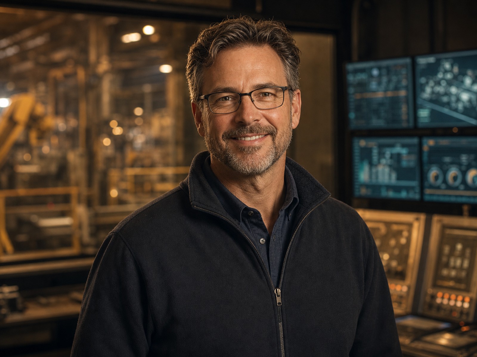 A warm, credible technology leader with a manufacturing background, in front of plant control screens