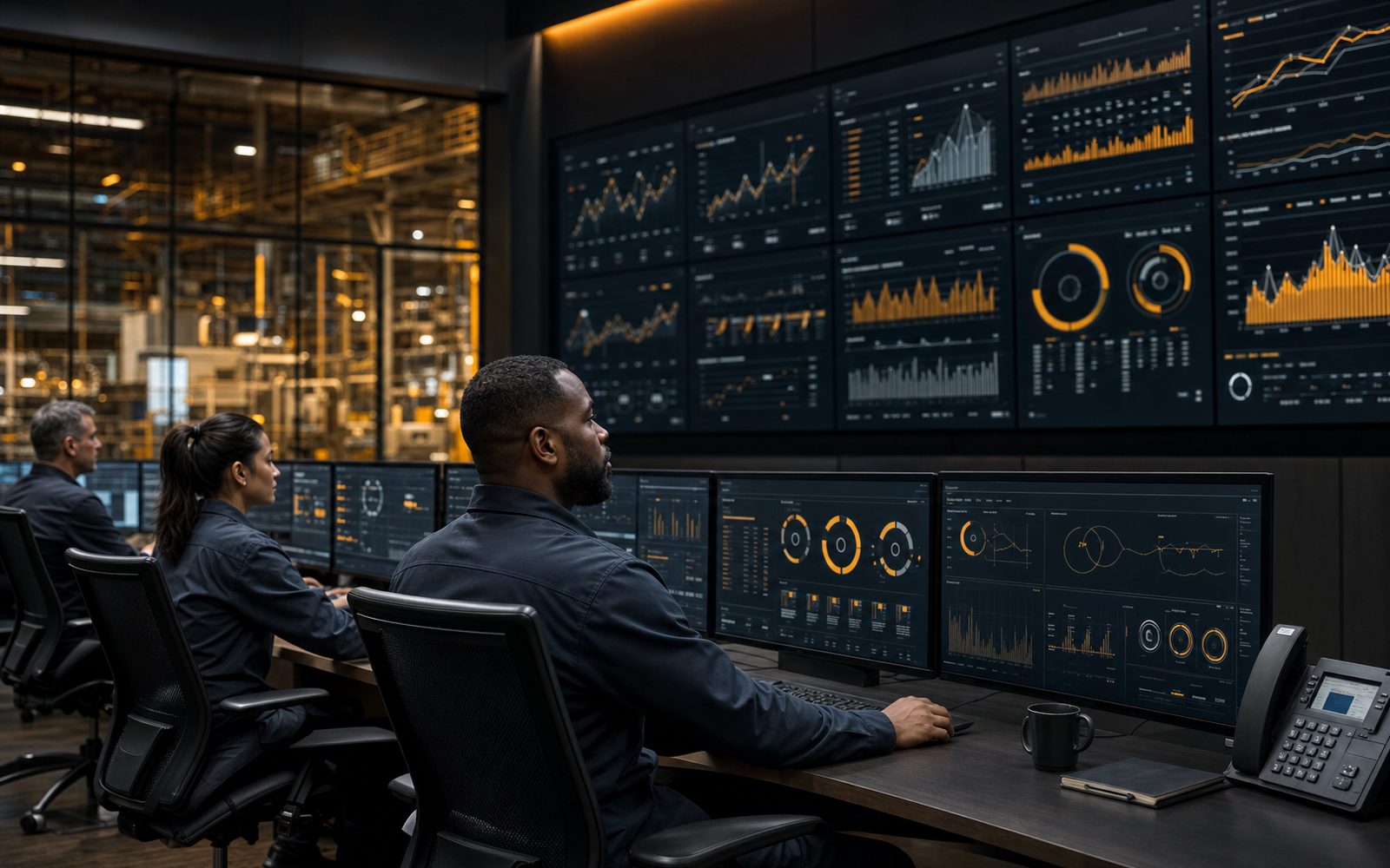 A modern industrial control room with unified data displays