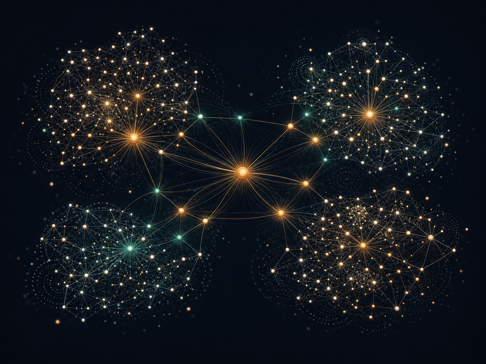 A dense network graph of glowing knowledge nodes in domain clusters, linked through bright amber hub nodes