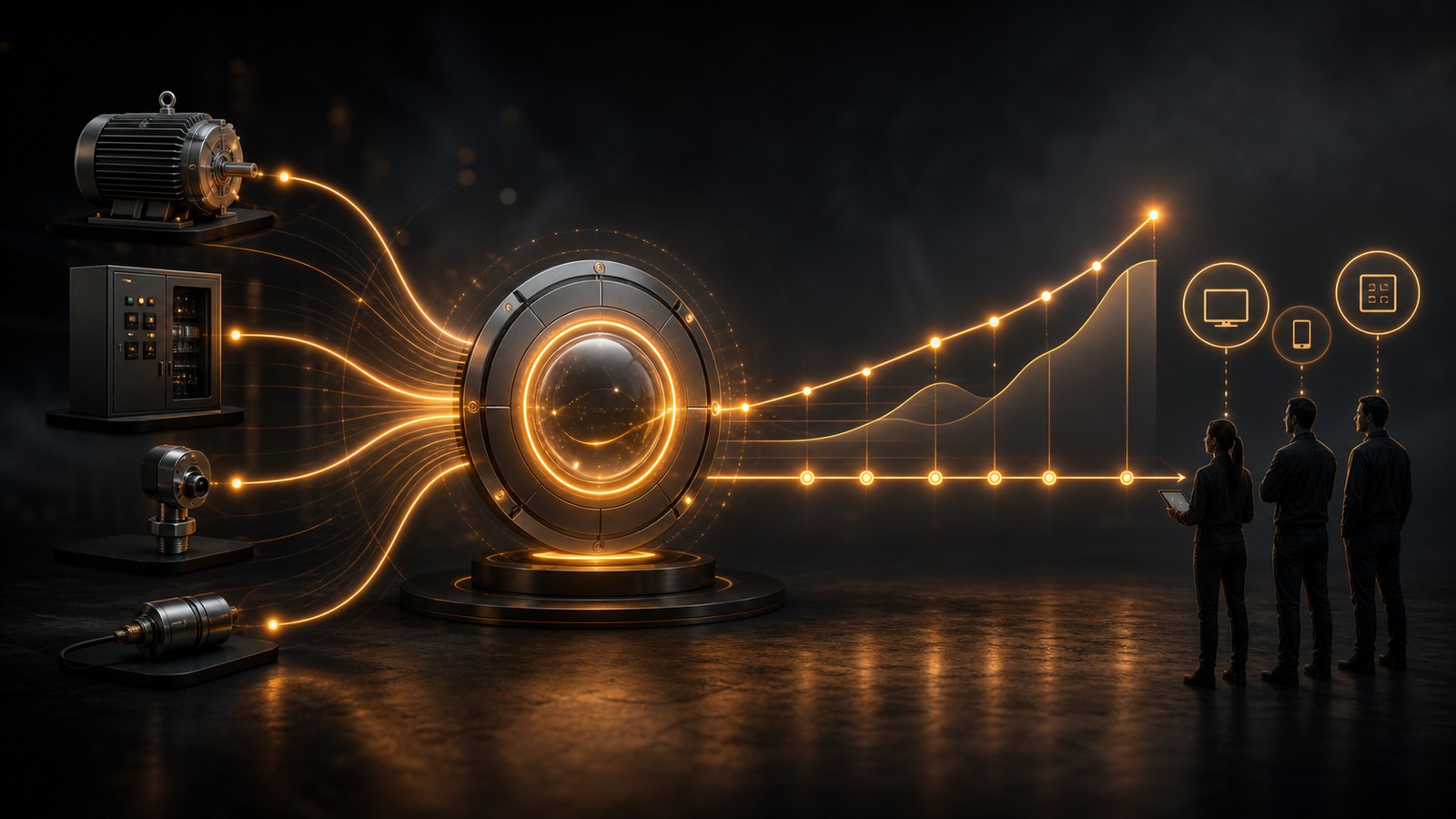Industrial data sources converging into one unified platform, producing a rising trend consumed by people and applications