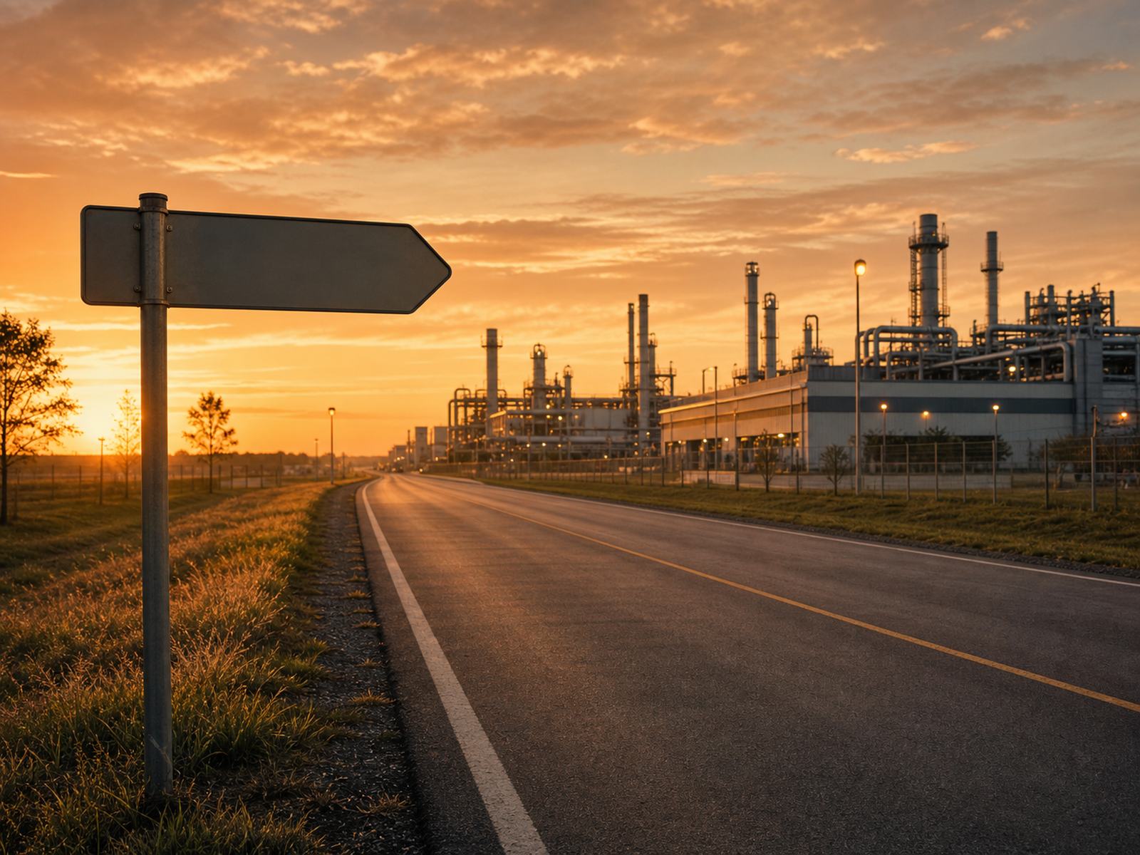 An open road with a signpost leading to a modern plant