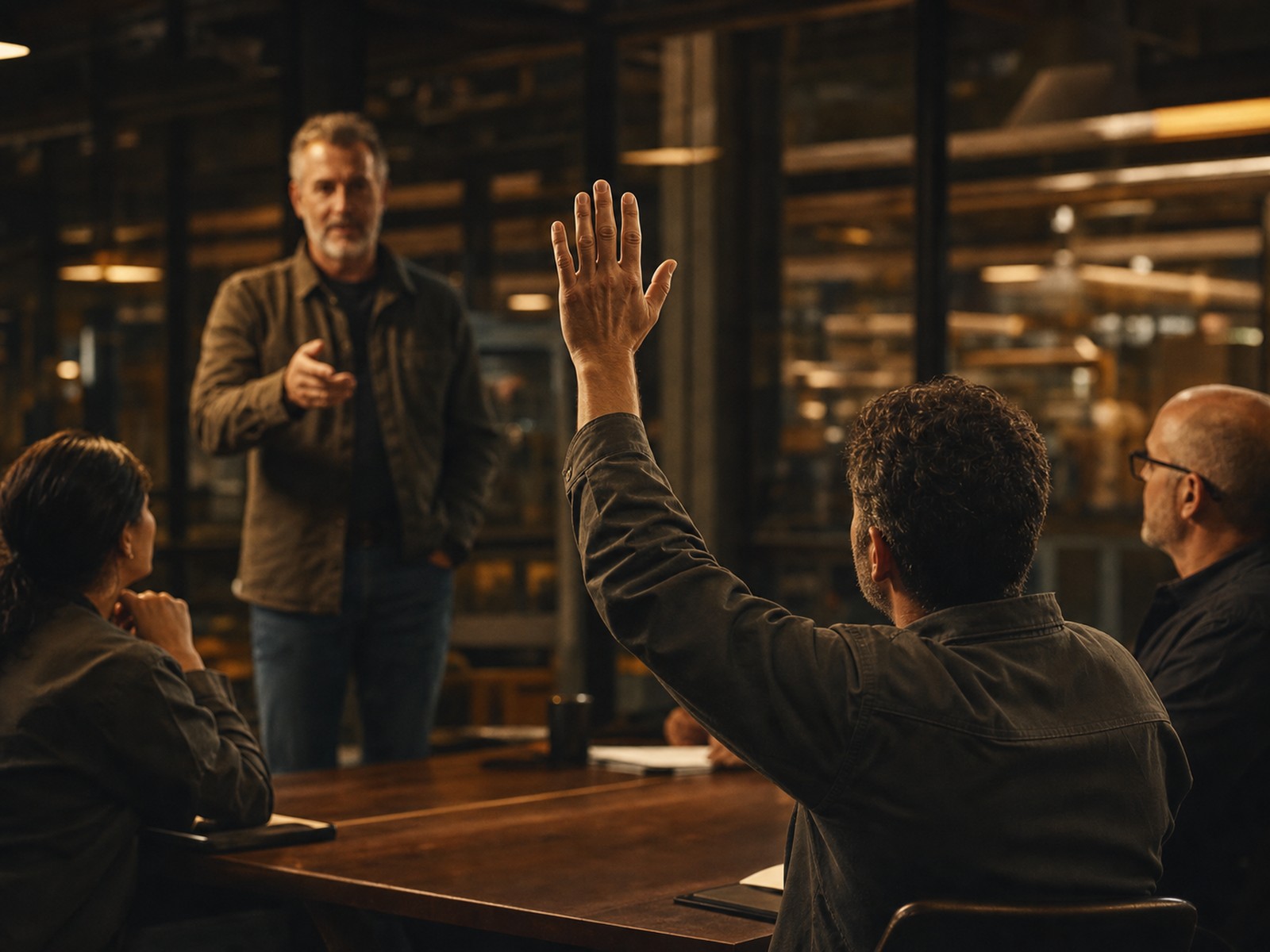 A raised hand asking the question in a plant boardroom