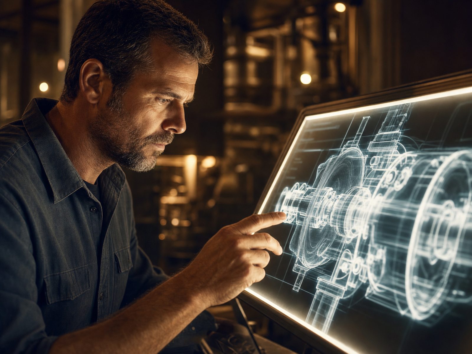 An engineer studying a diagnostic scan of industrial equipment