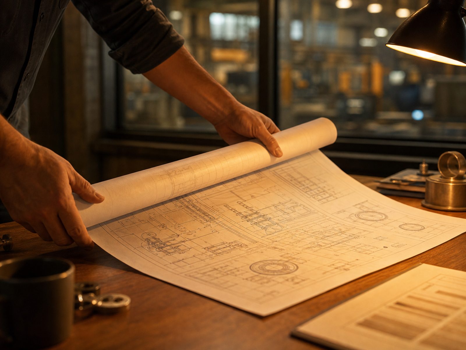 Hands unrolling a technical blueprint on a plant office table
