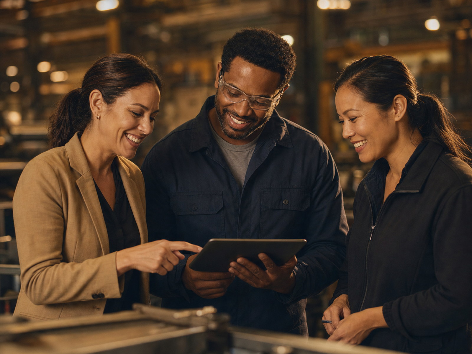 A diverse operations team working together over a tablet on the factory floor