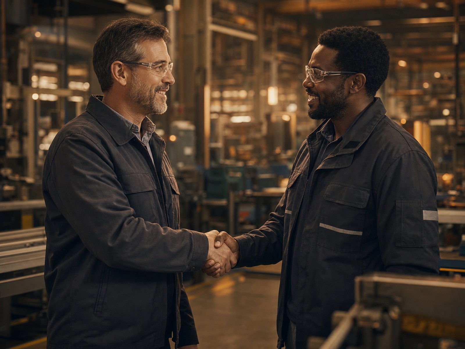 Two industrial professionals shaking hands on a modern plant floor